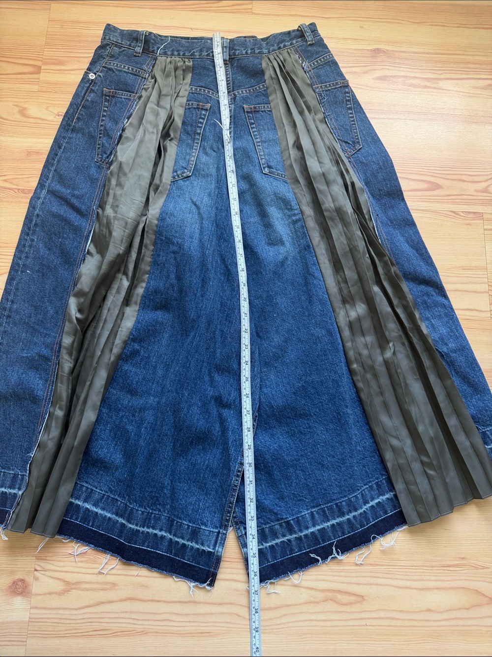 Sacai 3 Denim Panel Midi Skirt with Olive Pleated Insets - Picture 5 of 6